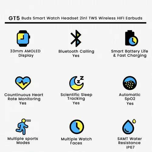 GT5 Buds Smart Watch Headset 2in1 TWS Wireless Earbuds